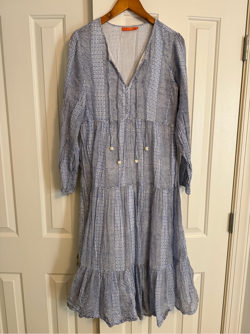 Oliphant Blue and White Tiered Maxi Dress Size Small
